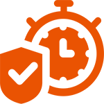 An orange stopwatch and shield with a checkmark symbolizing security and timely protection.