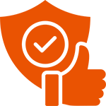 Orange shield with checkmark and thumbs-up symbol.