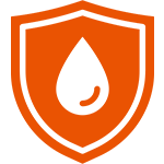 A green water droplet inside an orange shield icon.