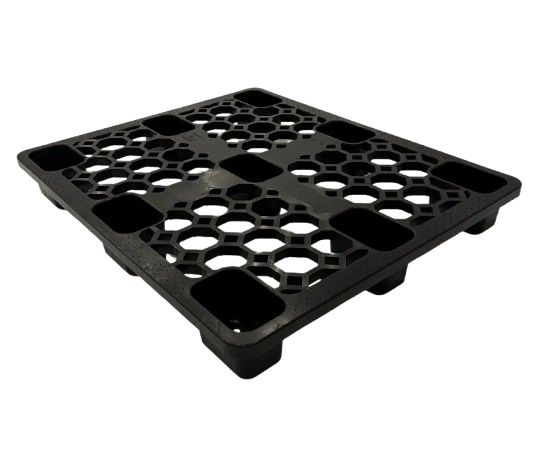 Black plastic pallet with multiple circular compartments.