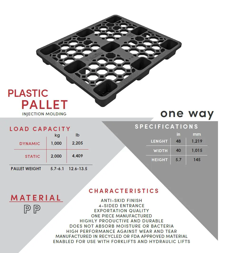Plastic pallet with 1500 kg load capacity, made of PP material, designed for one-way use.